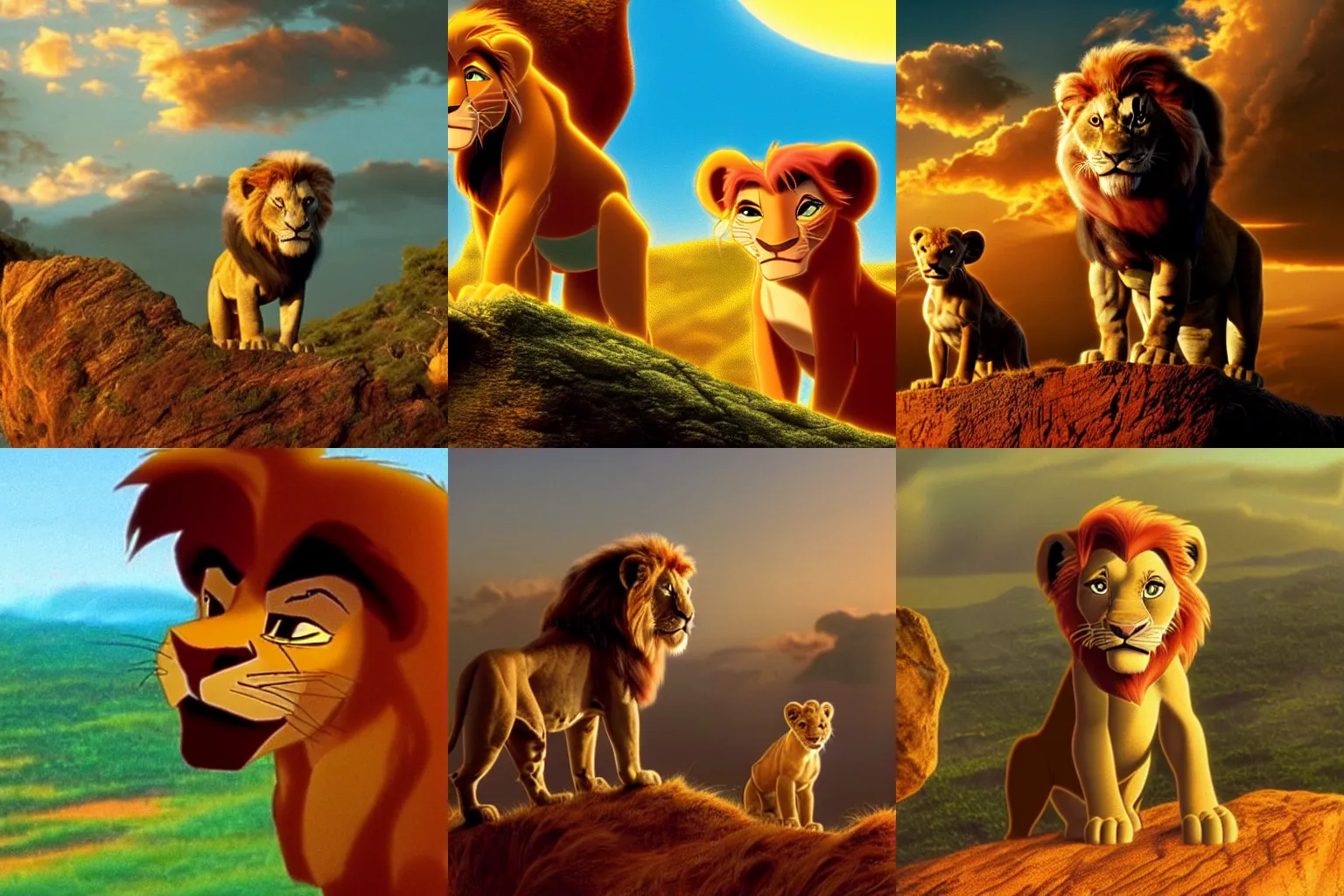 Prompt: screenshot from the lion king (1994), iconic scene, HD remaster, Disney, highly detailed, simba