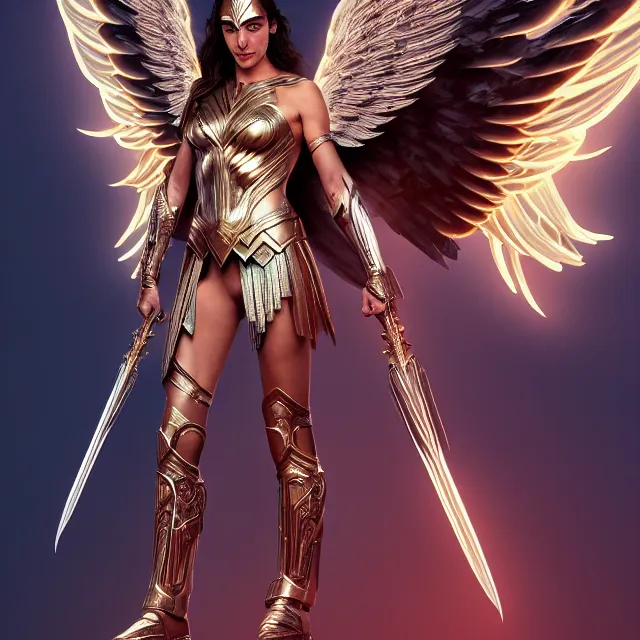 Image similar to beautiful angel warrior queen gal gadot in futuristic seraphim angelic intricate body sculpted cosmic armor and flowey ornate robes, highly detailed, 8 k, hdr, award - winning, trending on artstation, ann stokes