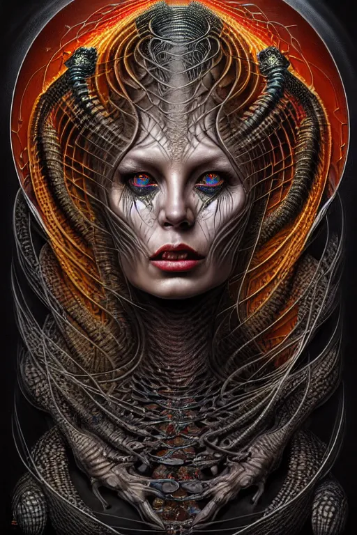 Image similar to single face portrait. complex hyper-maximalist overdetailed cinematic cosmic scifi portrait of an elegant very attractive but wild and dangerous humanoid reptilian goddess by andrei riabovitchev, tomasz alen kopera, oleksandra shchaslyva. Omnious intricate. Secessionist portrait illustration. Poison goddes. Slightly influenced by giger. Zerg human hybrid goddes. Unreal engine 5. Focus on face. Artstation. Deviantart. 8k 4k 64megapixel. Cosmic horror style. Rendered by binx.ly.