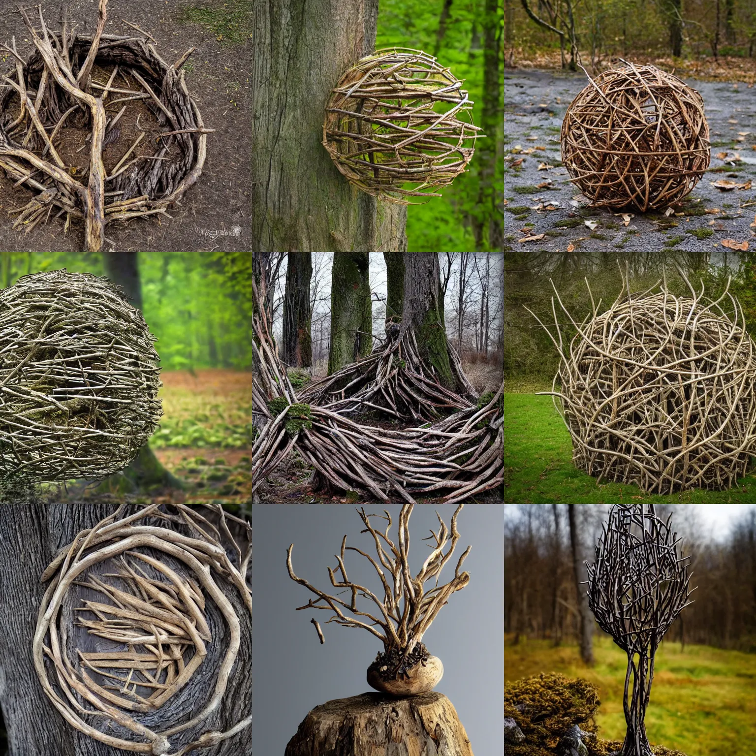 Prompt: an environment art sculpture by Nils-Udo, leaves twigs wood, nature, natural, round form, structure