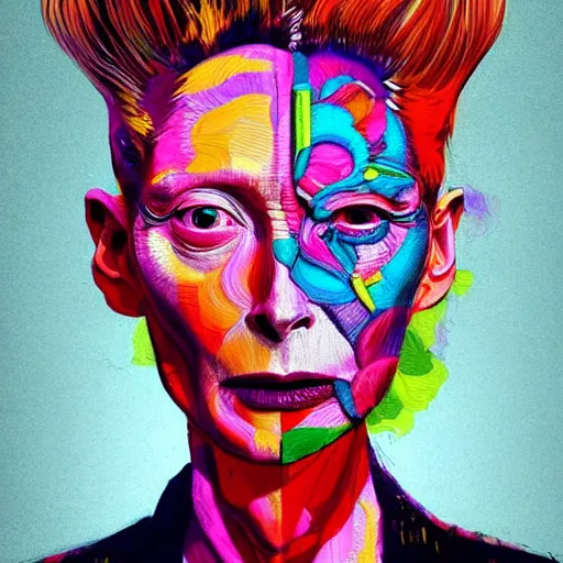 Image similar to a realistic yet sketched fierce neon tilda swinton, trending on artstation, by archan nair and marlene duma, intricate details, flowers, in the style of frank auerbach, in the style of martin ansin, in the style of david aja, in the style of mattias adolfsson