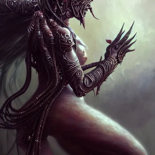 Image similar to a highly detailed long shot photo of chthonic warcraft female character by ayami kojima, beksinski, giger, intricate, digital painting, artstation, intricate, concept art, smooth, sharp focus, illustration