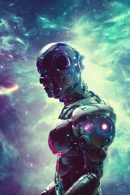 Image similar to cyborg floating in space letting go of reality and experiencing the quantum feild, matte painting comic book art, cinematic, highly detailed, realistic, beautiful cosmic neural network, octane render, unreal engine, depth of field, trending on artstation, sharp focus, philosophical splashes of colors