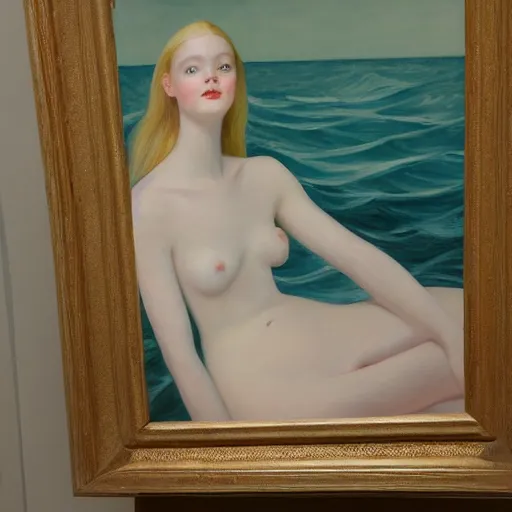 Prompt: Painting of Elle Fanning underwater, long blonde hair, delicate, pale milky white porcelain skin, by Edward Hopper. 8K. Extremely detailed.