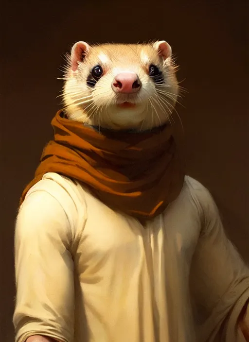 Prompt: a beautiful closeup shot from a marvel film of a humanoid ferret wearing a loose tunic. an anthropomorphic ferret. portrait. joseph ducreux, greg rutkowski.