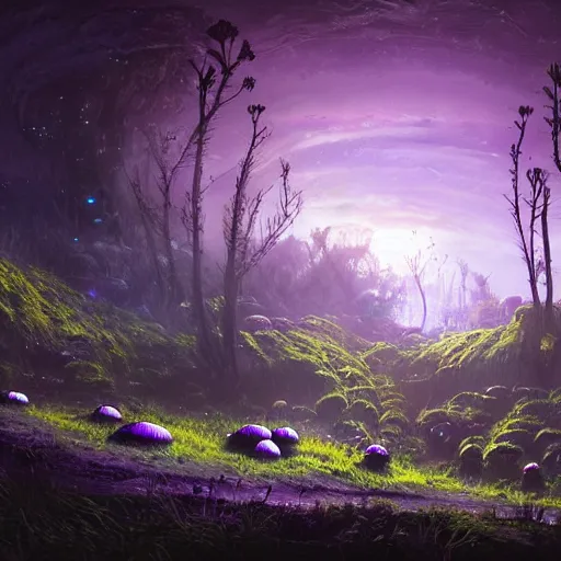 Image similar to concept art painting of a fantasy alien fungal landscape at night, with glowing blue lights, glowing blue mushrooms, dark purple sky, realistic, detailed, cel shaded, in the style of makoto shinkai and greg rutkowski and albert bierstadt and james gurney