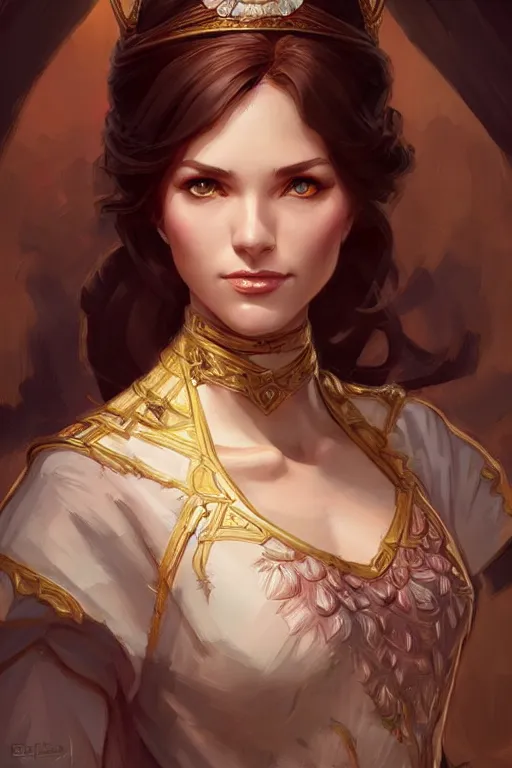 Prompt: beautiful female princess, portrait, short hair, d & d, fantasy, intricate, elegant, highly detailed, digital painting, artstation, concept art, matte, sharp focus, illustration, hearthstone, art by artgerm and greg rutkowski and alphonse mucha