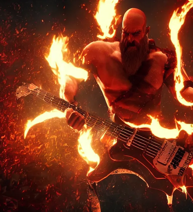 Image similar to screaming kratos shredding on a flaming stratocaster guitar, cinematic render, god of war 2 0 1 8, santa monica studio official media, lightning, stripe over eye