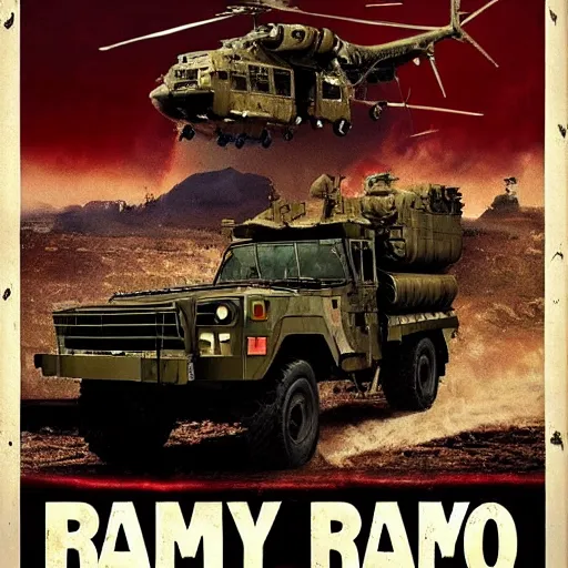 Image similar to rambo movie posters with soldiers, military trucks, helicopters, explosions