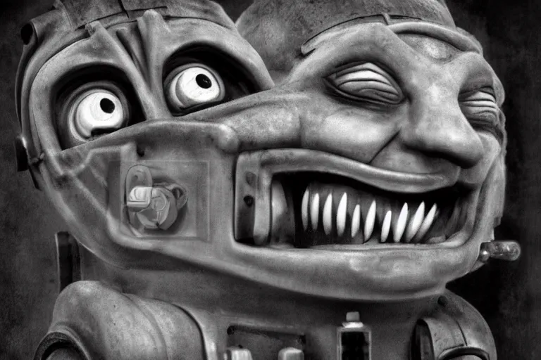 Image similar to Dystopian Thomas the Tank Engine laughing like The Joker by H.R. Giger. Grayscale