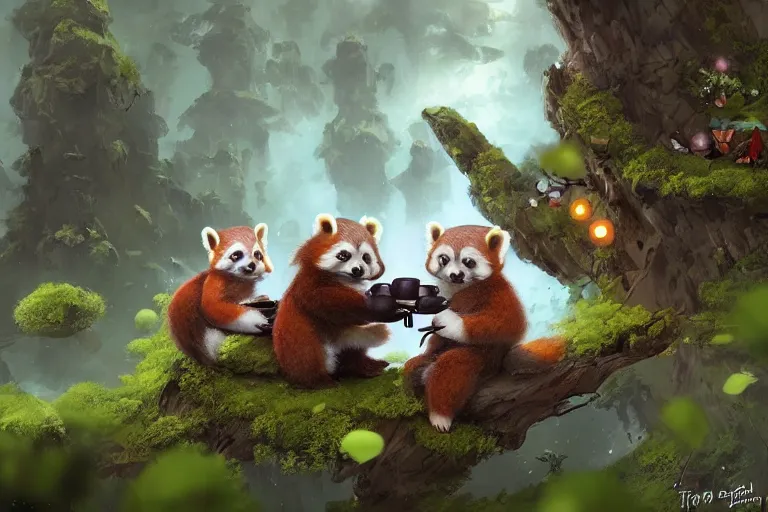 Prompt: an extremely cute red panda and baby-yoda sit on a lichen covered ancient bolder and sing songs and have a tea party, in the far background a hazy outline of a TIE fighter, mischievous, inquisitive, devious, hilarious, funny, by Tyler Edlin