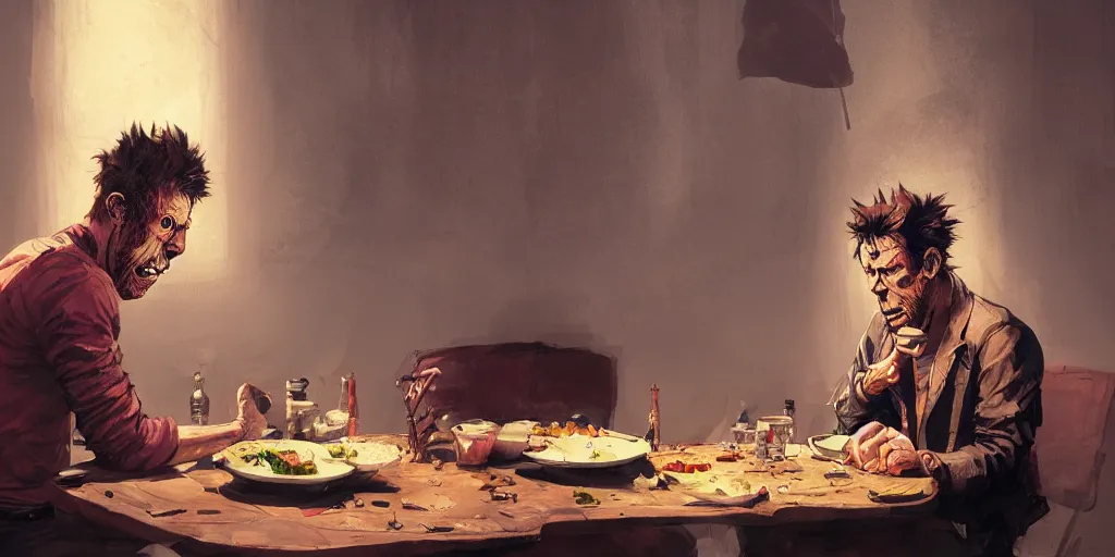 Image similar to cartoonish tom waits eating dinner, vivid colors, character sheet, fine details, concept design, contrast, kim jung gi, greg rutkowski, trending on artstation, 8 k, full body, turnaround, front view, back view, ultra wide angle