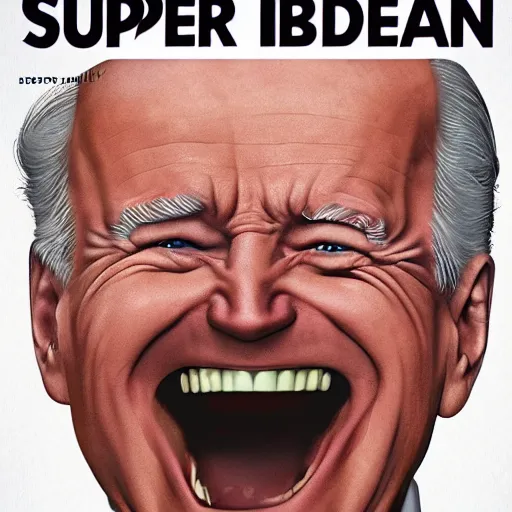 Prompt: Super Evil Joe Biden laughin, cover art by Stephen Bliss, Boxart