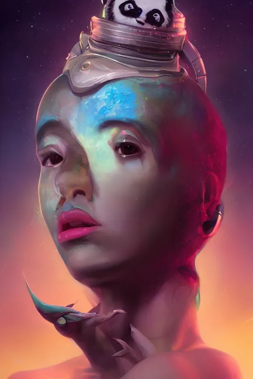 Image similar to digital portrait of an eloquent alien panda bear queen, straight on, full body character concept art, concept art, by artgerm, tom bagshaw, gerald brom, vaporwave colors, lo fi colors, vaporwave, lo fi, 4 k, hd, rendered with substance designer, small details,