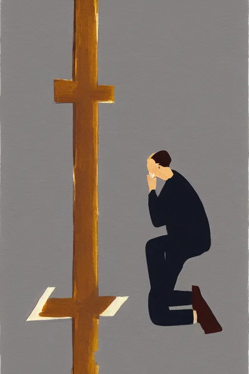 Image similar to man kneeling on the ground in front of a wooden cross, 1960’s minimalist advertising illustration, painterly, expressive brush strokes