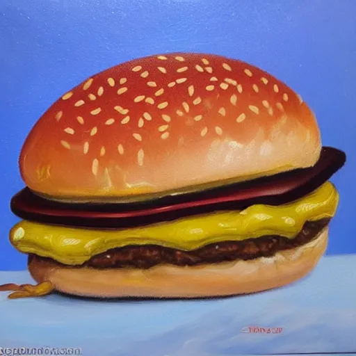 Prompt: a detailed oil painting of a hamster chewing on a giant hamburger