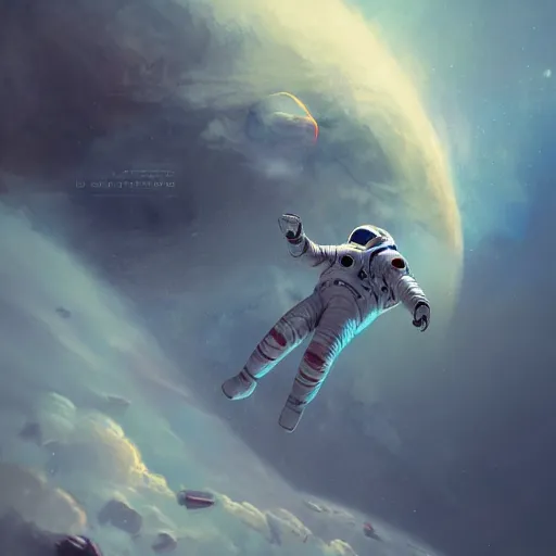 Image similar to astronaut falling through the clouds in jupiter, by cedric peyravernay, highly detailed, excellent composition, cinematic concept art, dramatic lighting, trending on artstation