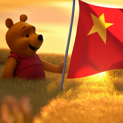 Prompt: 8 k 3 d render of winnie the pooh bravely saluting the chinese flag at sunset, golden hour, trending on artstation