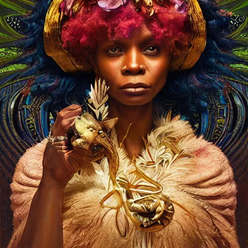 Image similar to Puma Badu as a goddess , A stunning masterpiece, Highly Detailed, Photorealism, by Greg rutkowski, Sachin Teng, Thomas Kindkade, Alphonse Mucha, Norman Rockwel