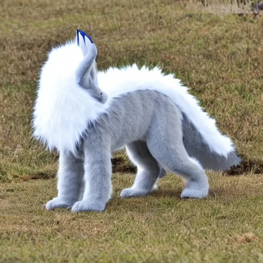 Image similar to white furry dragon with a blue neck mane, 2 grey horns, and fennic fox ears