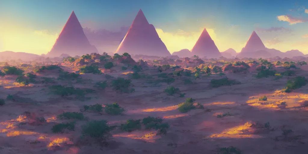 Image similar to a stunning desert landscape with a towering pyramid on the horizon by makoto shinkai