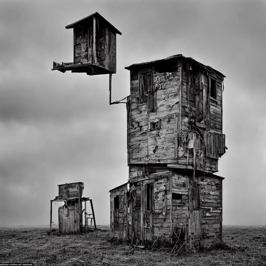 Image similar to high towers, made up of colourful makeshift squatter shacks, bleached, misty, moody sky at the back, dystopia, mamiya, f 1 1, fully frontal view, very detailed, ultra sharp, photographed by roger ballen