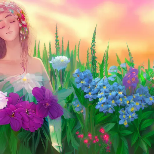 Prompt: a photography of a dreaming woman with flowers grow out of hair, roses peonies forget-me-nots dahlias lupins gladioli, sky theme in background, Digital Art, Trending on artstation