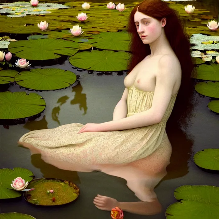 Image similar to Kodak Portra 400, 8K, soft light, volumetric lighting, highly detailed, britt marling style 3/4 ,portrait photo of a beautiful woman how pre-Raphaelites painter, the face emerges from the water of a pond with water lilies, in the pose of Ophelia Millais, a beautiful lace dress and hair are intricate with highly detailed realistic beautiful flowers , Realistic, Refined, Highly Detailed, natural outdoor soft pastel lighting colors scheme, outdoor fine art photography, Hyper realistic, photo realistic