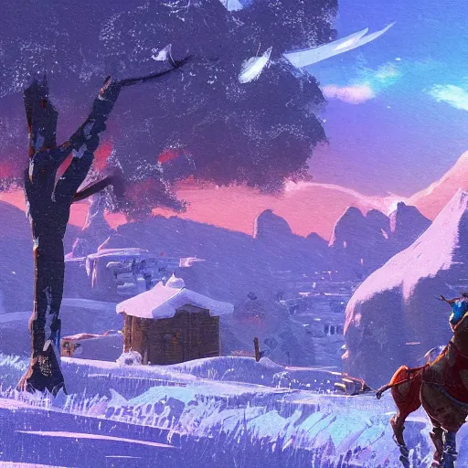 Image similar to snowy Landscape and a village in the background in the style of zelda breath of the wild