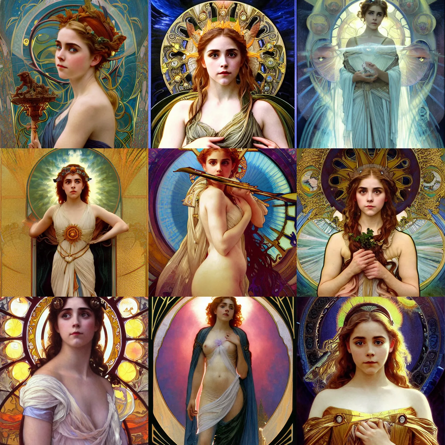 Prompt: stunning, breathtaking, awe-inspiring award-winning concept art nouveau painting of attractive Kiernan Shipka as the goddess of the sun, with anxious, piercing eyes, by Alphonse Mucha, Michael Whelan, William Adolphe Bouguereau, John Williams Waterhouse, and Donato Giancola, cyberpunk, extremely moody lighting, glowing light and shadow, atmospheric, cinematic, 8K