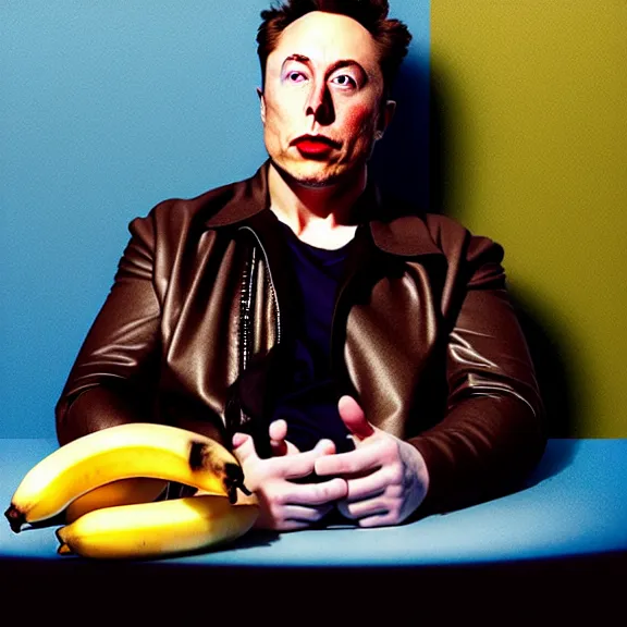 Image similar to hyperrealism aesthetic ridley scott and denis villeneuve and gaspar noe style colour surreal photography of a detailed hyperrealism surreal elon musk is a banana posing for esquire magazine hyperrealism scene from detailed hyperrealism surreal movie in styale of alejandro jodorowsky and wes anderson hyperrealism photo by araki nobuyoshi volumetric bright studio cyberpunk light