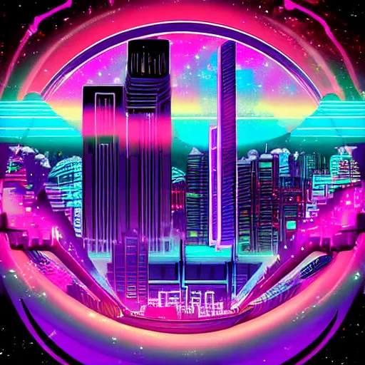 Image similar to synthwave neon city in space