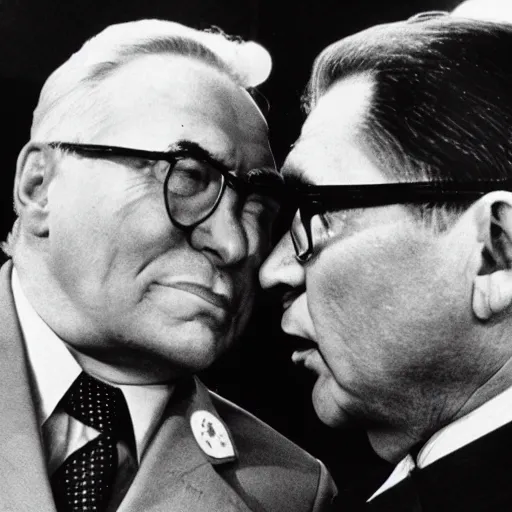 Prompt: Leonid Brezhnev and Erich Honecker kiss. High definition photography