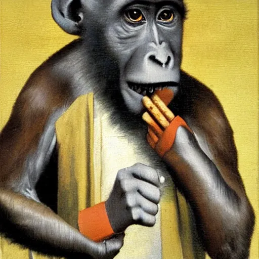 Prompt: Monkey smoking a Cuban cigar, oil on canvas, by Johannes Vermeer