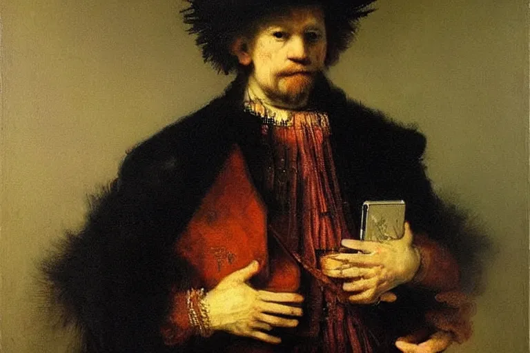 Prompt: punk rocker holding iphone. painting by rembrandt