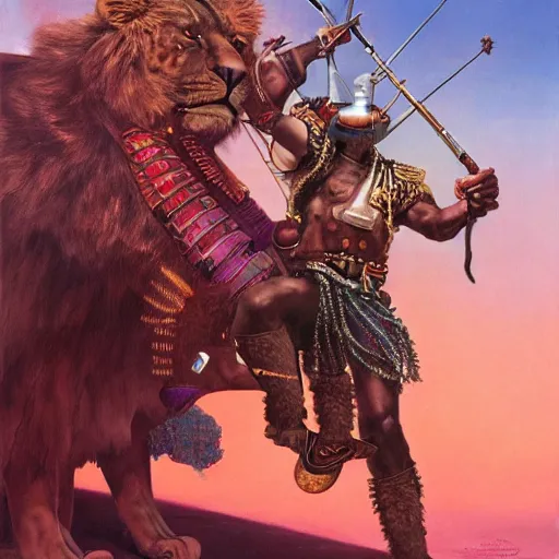 Prompt: a cyberpunk zulu warrior hunting a steampunk lion near a pink lake, by thomas blackshear and android jones, oil on canvas, afrofuturism, 8k