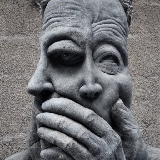 Image similar to surrealism sculpture by enrico ferrarini, a man and his soul are struggling ， face