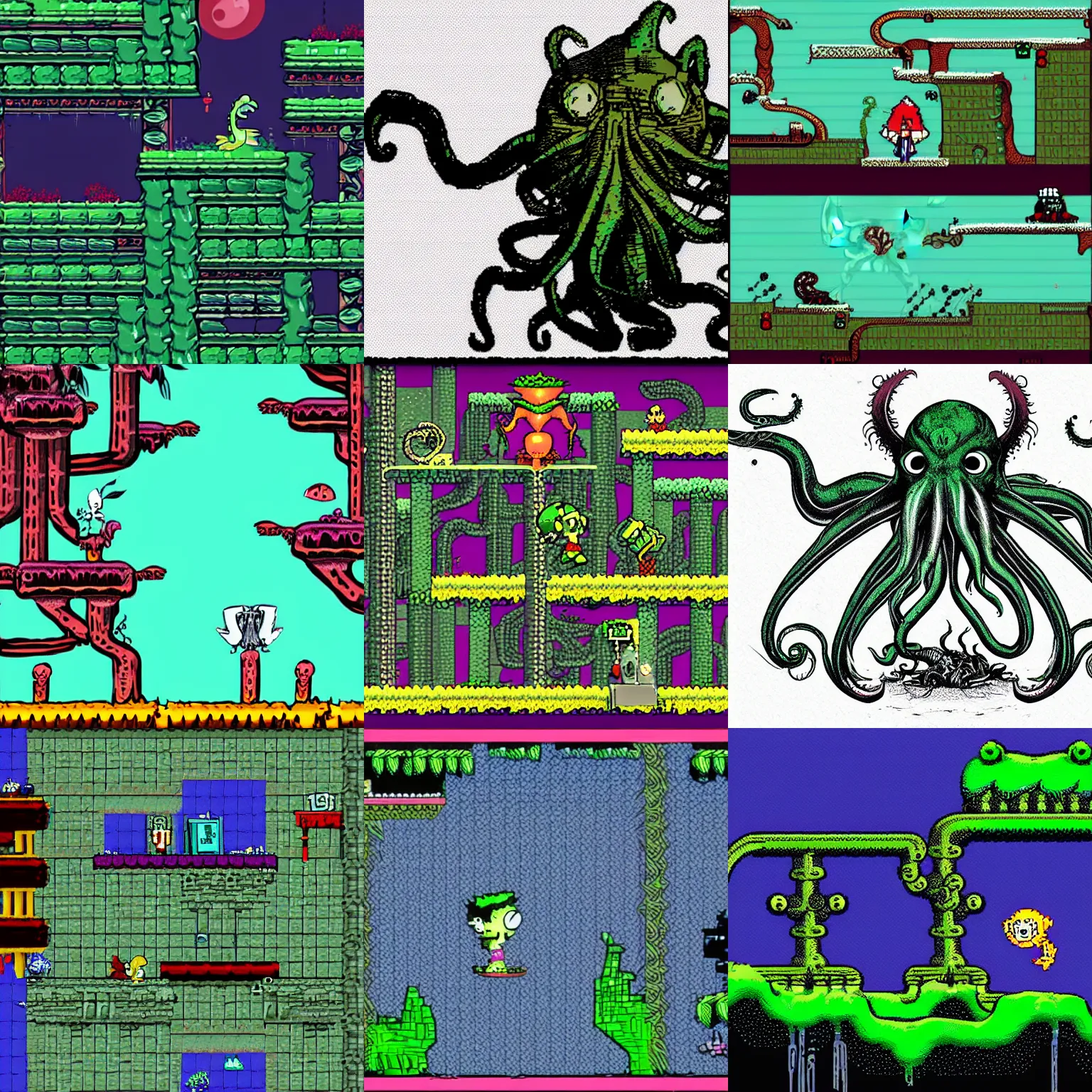 Prompt: a 2d side scrolling platformer about Cthulhu in the style of Dr Seuss illustrations
