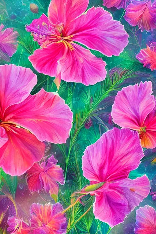 Prompt: beautiful digital matter cinematic painting of whimsical botanical illustration of hibiscus whimsical by greg rutkowki and alena aenami artstation