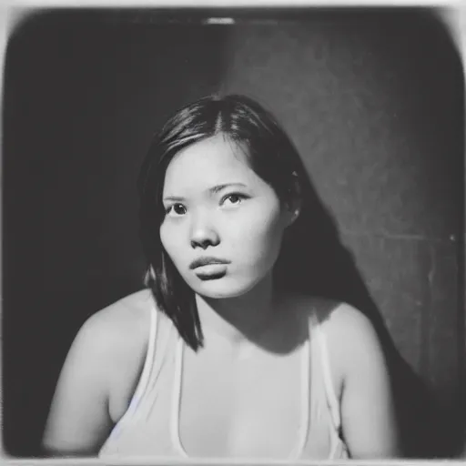 Image similar to close up photograph of a beautiful woman shot with a holga camera, ilford hp 5 film, chiaroscuro lighting, black background