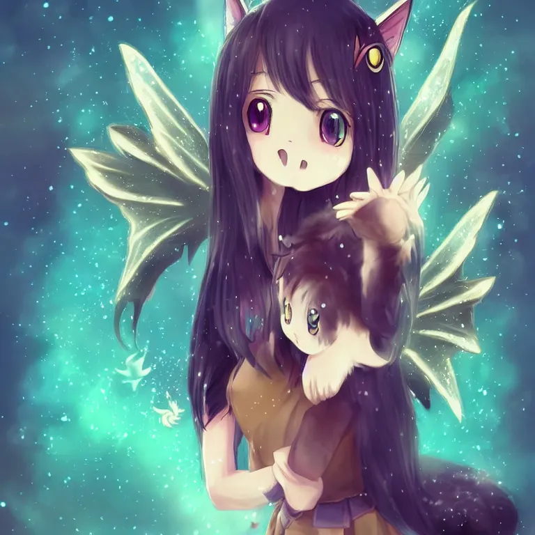 Prompt: cute, full body, female, anime style, a cat girl with fairy wings patting a dragon, large eyes, beautiful lighting, sharp focus, simple background, creative, heart effects, filters applied, illustration