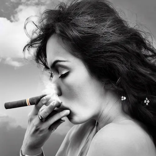 Image similar to goddess smoking a cigarette in the clouds