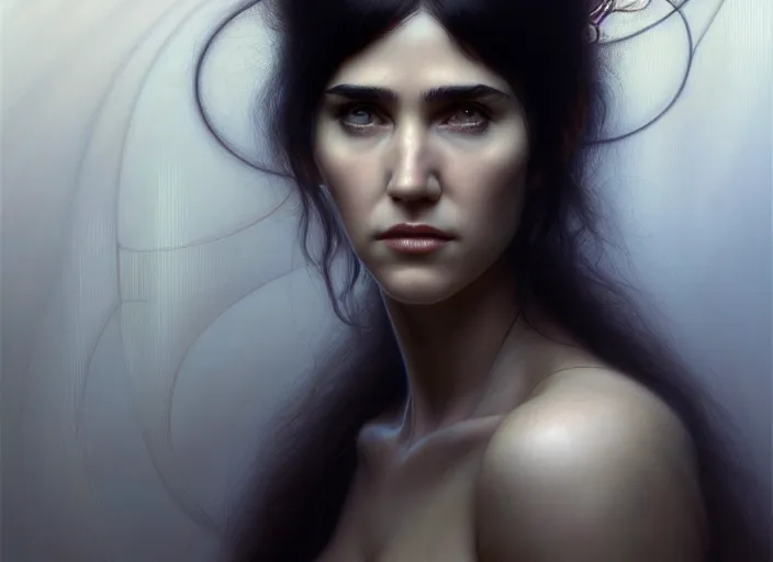 Image similar to portrait shot of young jennifer connelly in ghost in the shell, intricate, elegant, highly detailed, centered, digital painting, artstation, concept art, smooth, sharp focus, illustration, artgerm, tomasz alen kopera, peter mohrbacher, donato giancola, joseph christian leyendecker, wlop, boris vallejo