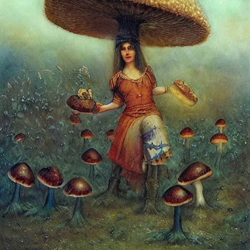 Prompt: woman commands little mushroom soldiers, by howard david johnson