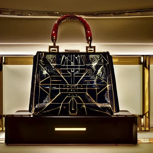 Image similar to a luxury handbag in year 3000, avant-garde, art-deco style, in entrance hall of an art-deco skyscaper, photography , official vuitton editorial , highly detailed