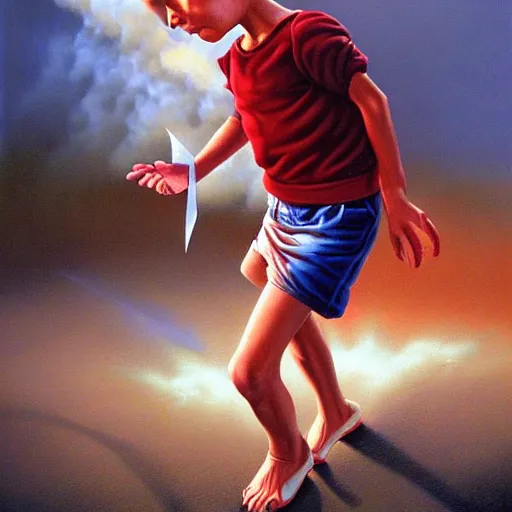 Image similar to a running child turning into vapor, mist, smoke, blood, scissors in hand, a detailed matte painting by Jason Edmiston, John Philip Falter