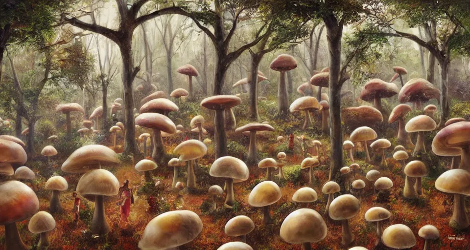 Prompt: A tribal village in a forest of giant mushrooms, by Rob Hefferan