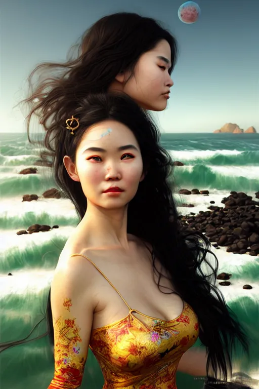 Prompt: photorealistic portrait of a dark mystical goddess wearing a qipao dress, ao dai, big sun rough sea and jagged rocks, nets, plastic bottles, garbage, sand and sea, golden hour, environmental, fantasy, atmospheric, hyper realistic, artstation, art by artgerm, andres rodriguez and john william waterhouse