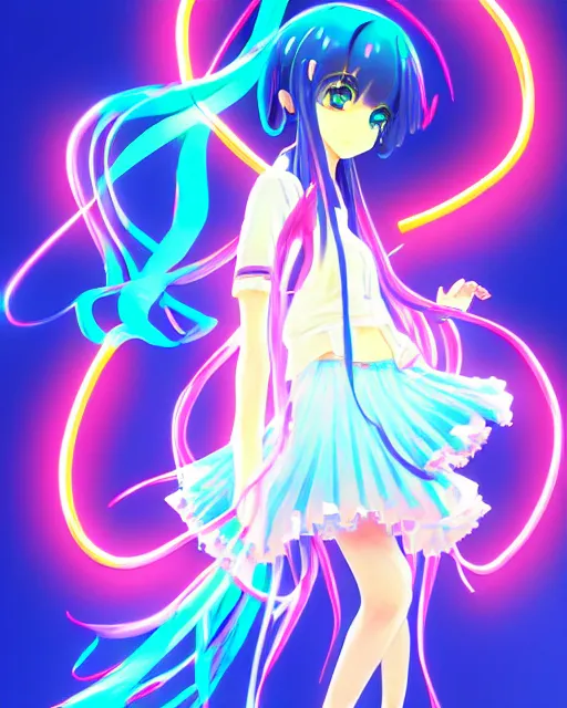 Image similar to anime style, vivid, expressive, full body, 4 k, painting, a cute magical girl idol with a long wavy hair wearing a kimono outfit, correct proportions, stunning, realistic light and shadow effects, neon lights, studio ghibly makoto shinkai yuji yamaguchi