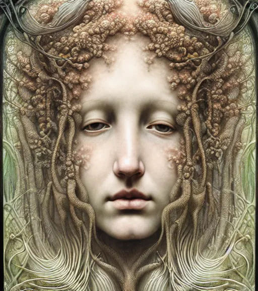 Prompt: detailed realistic beautiful summer goddess face portrait by jean delville, gustave dore, iris van herpen and marco mazzoni, art forms of nature by ernst haeckel, art nouveau, symbolist, visionary, gothic, neo - gothic, pre - raphaelite, fractal lace, intricate alien botanicals, ai biodiversity, surreality, hyperdetailed ultrasharp octane render